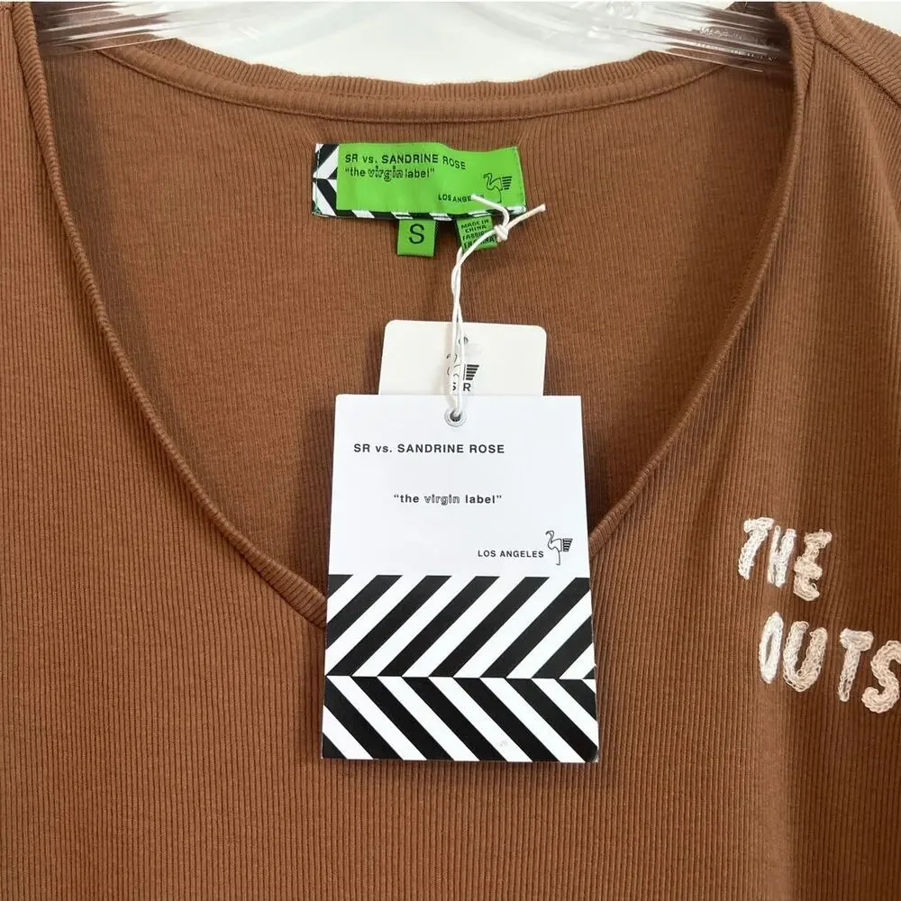 NWT Sandrine Rose Ribbed V-Neck Tee, “The Outsider” Brown, Women’s Small